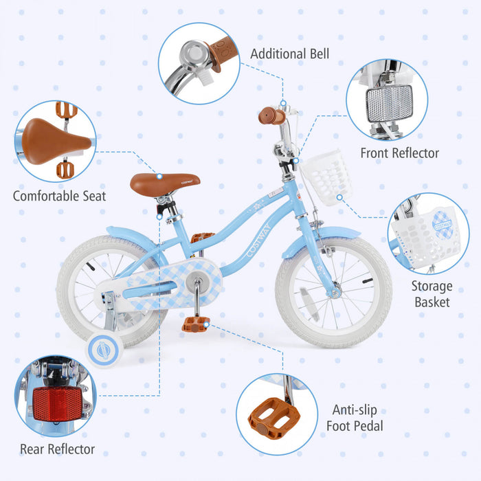 Costway 14\" Kid's Bike With Removable Training Wheels & Basket For 3-5 Years Old Blue