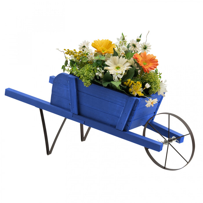 Costway Wooden Wagon Planter Decorative Indoor/outdoor Rustic Flower Cart With Wheel Blue