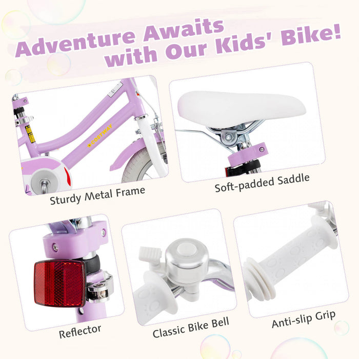 Costway 14 Inch Kids Bike With Training Wheels Doll Seat Basket Streamers Hand Brake Purple