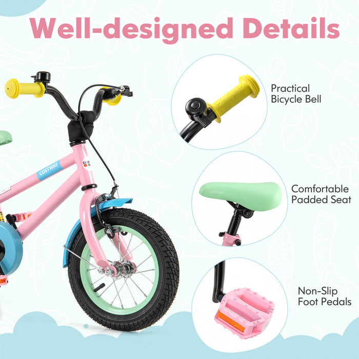 Costway 12\" Kids Bike With Adjustable Saddle Handlebar Removable Training Wheels Handbrake Pink