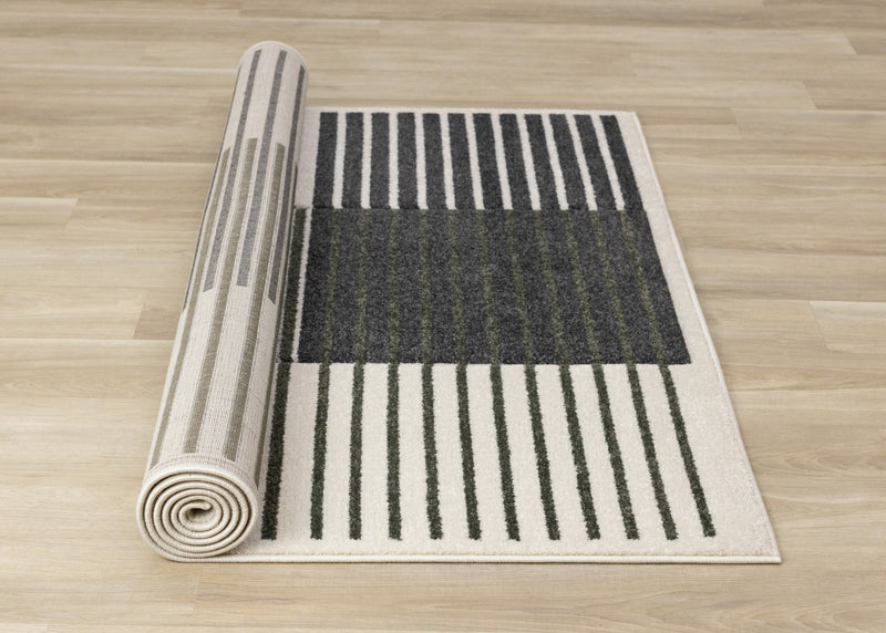 Maverick Green Black White Modern Striped Design Rug, 5'3\" x 7'7\" Indoor Area Rug