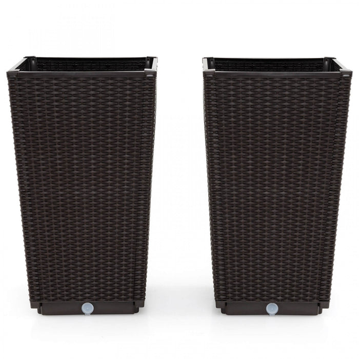 Costway 23\" Tall Planters Set Of 2 Rattan Wicker Plant Pot Self-watering Tree Pot Brown
