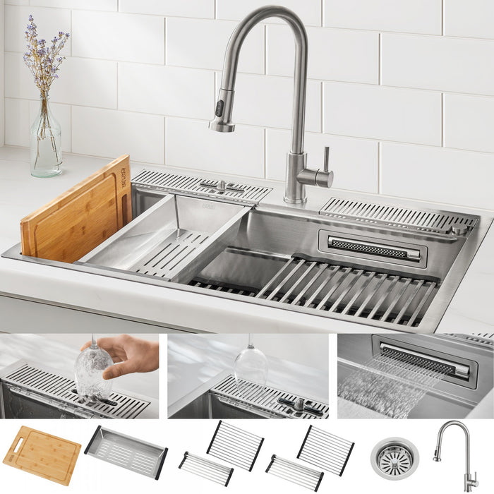 MultiSINK 33 in. Dual Mounted 3-Level Workstation Kitchen Sink, Faucet, Glass Rinser,Stainless Steel- D-WP30 Laundry Combo