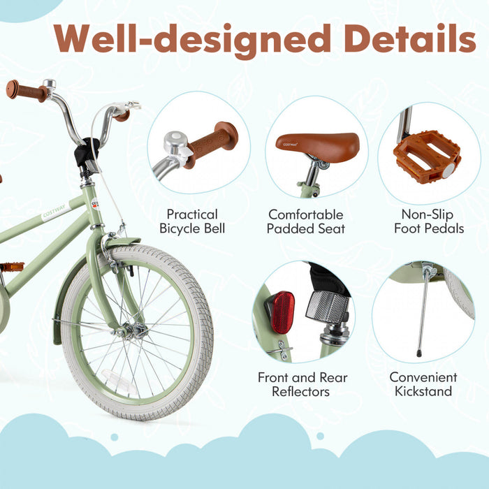 Costway 18\" Kids Bike With Adjustable Saddle Handlebar Removable Training Wheels Handbrake Green