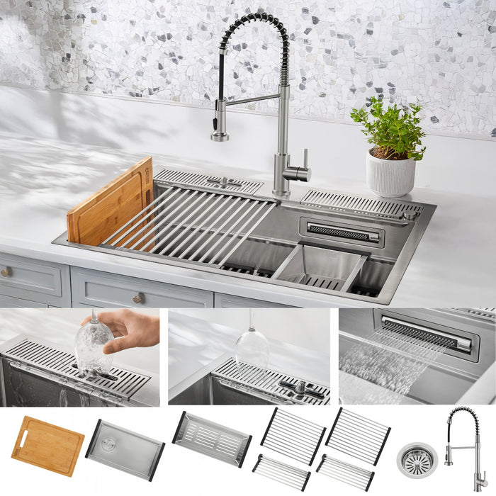 MultiSINK 33 in. Dual Mounted 3-Level Workstation Kitchen Sink, Faucet, Glass Rinser,Stainless Steel- D-WP31 Laundry Combo