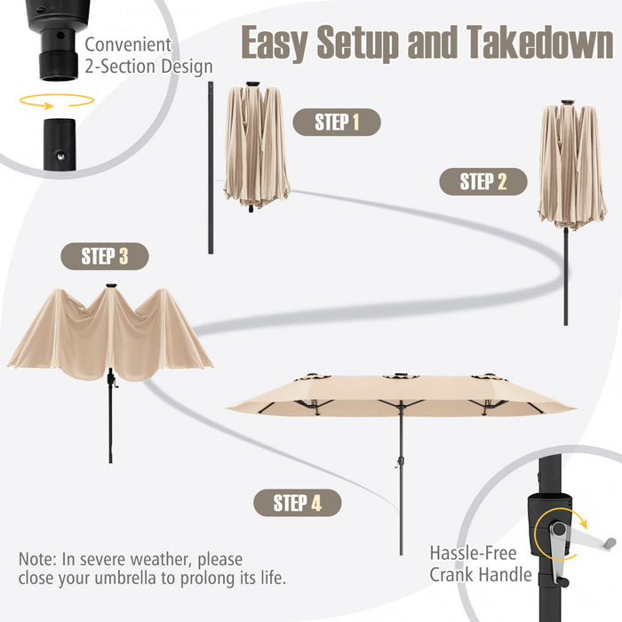 Costway 15.5 FT Extra-Large Patio Umbrella with LED Solar Lights & 12 Heavy-Duty Ribs Beige
