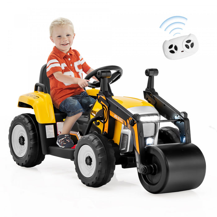 Costway Kids Ride On Road Roller 12v Electric Tractor Remote W/ Music & Led Light Yellow