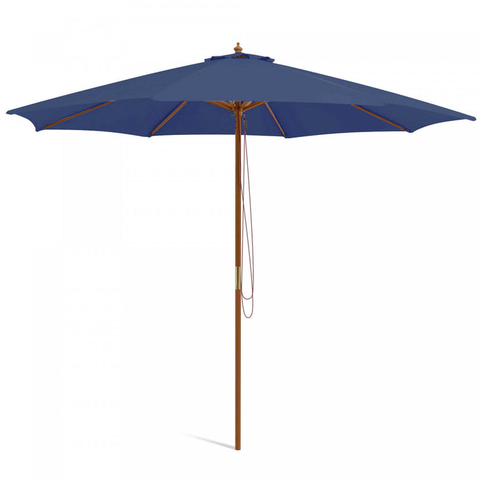 Costway 10FT Patio Wooden Market Table Umbrella Pulley with 8 Bamboo Ribs Sunshade Canopy Navy