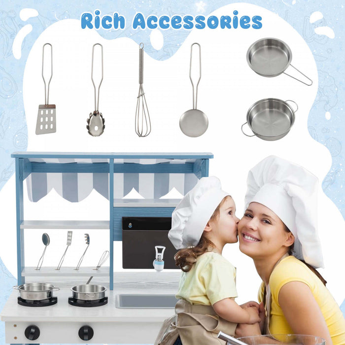 Costway 2-in-1 Wooden Mud Kitchen With Canopy Removable Sink Water Box Faucet Sound Effect