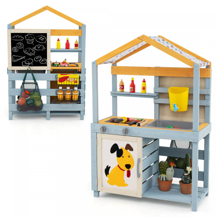 Costway 2 In 1 Wooden Mud Kitchen Outdoor Play Kitchen & Grocery Store With Sink