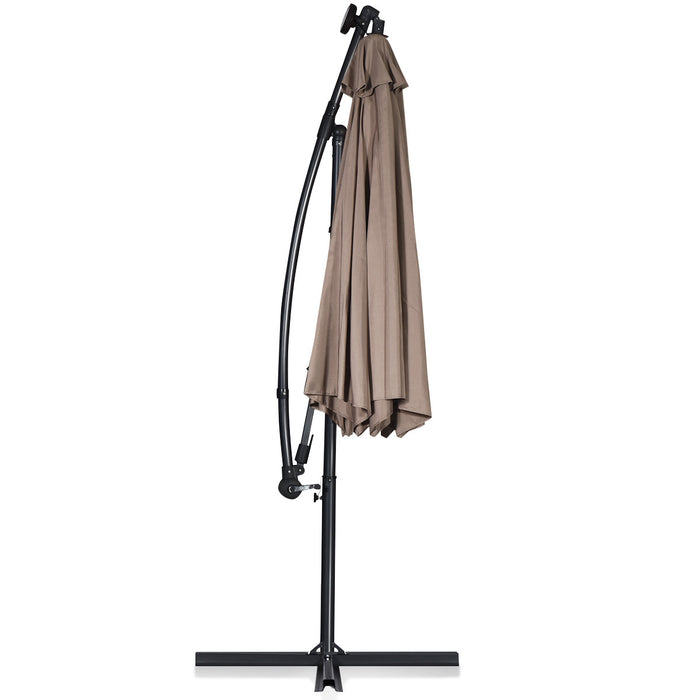 Costway 10FT Patio Offset Umbrella Solar LED 360degrees Rotation Brown