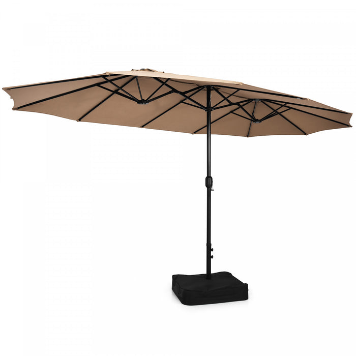 Costway 15FT Double-Sided Twin Patio Umbrella Outdoor Market W/ Crank & Base Coffee