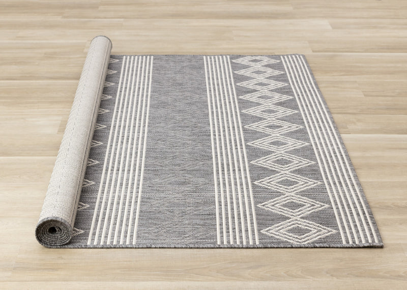 Jackson Grey White Patterned Rows Rug, 6'7\" x 9'6\" Outdoor Area Rug