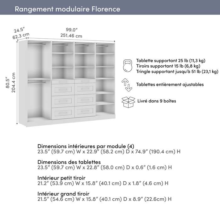 Bestar Florence 100\" Modular Reach-In/Walk-In Closet System with LED Lights, Rods, Shelves and Drawers Shaker Style - White