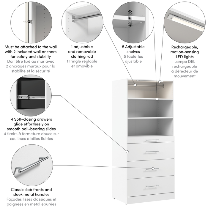 Bestar Florence 36\" Modular Reach-In/Walk-In Closet System Tower with LED Light, Shelves and 4 Drawers Slab Style - White