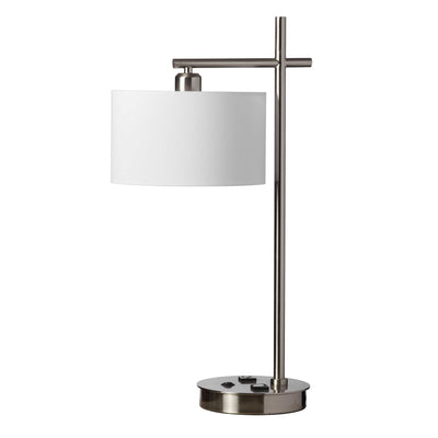 Dainolite 1 Light Table Lamp USB Port Satin Chrome Finish White Shade|Lampe de table de Dainolite avec abat-jour blanc, fini chromé satiné et 1 ampoule avec port USB