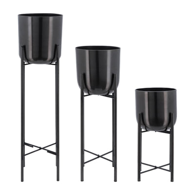 Metal 20"/30"/40" Gunmetal Grey Planter on Stand - Set of 3|Cache-pot de 20 po/30 po/40 po en métal gris métallisé sur support - ensemble de 3