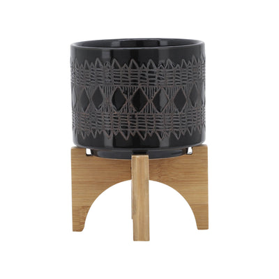 Ceramic 5" Aztec Planter with Wood Stand - Black|Cache-pot de 5 po en céramique à motif aztèque avec support en bois - noir