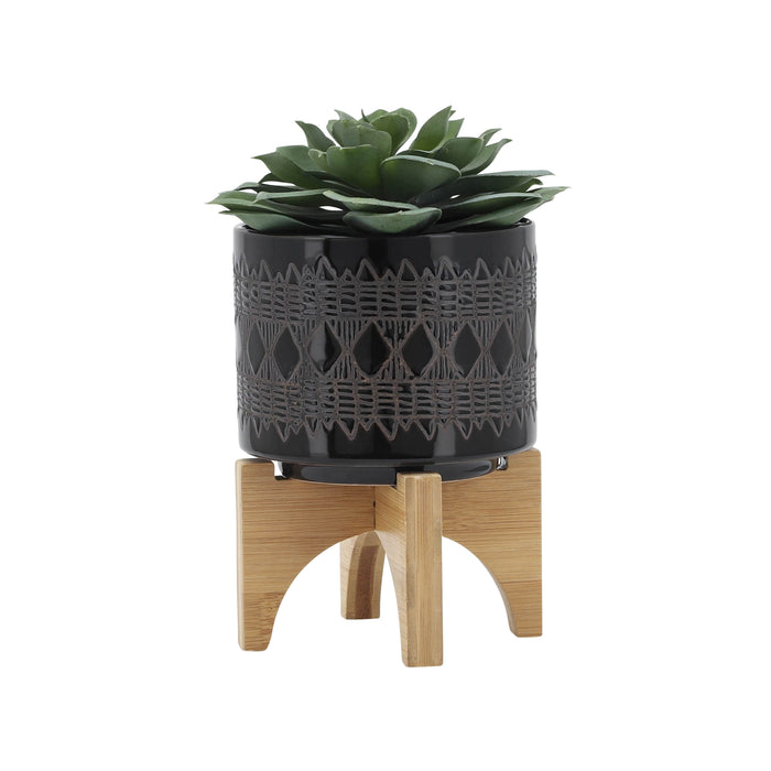 Ceramic 5\" Aztec Planter with Wood Stand - Black