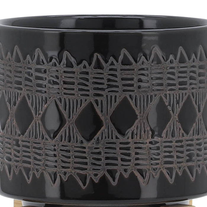 Ceramic 5\" Aztec Planter with Wood Stand - Black