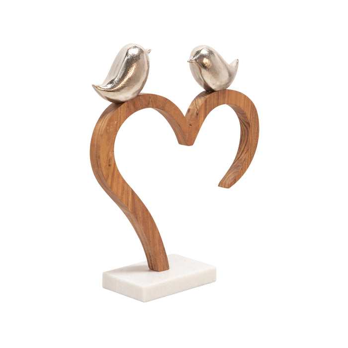 Metal 15\" Birds Perched on Wood Heart with Marble Base - Silver