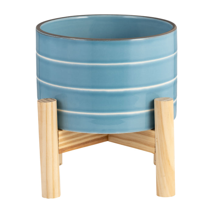 Ceramic 6\" Striped Planter with Wood Stand - Sky Blue