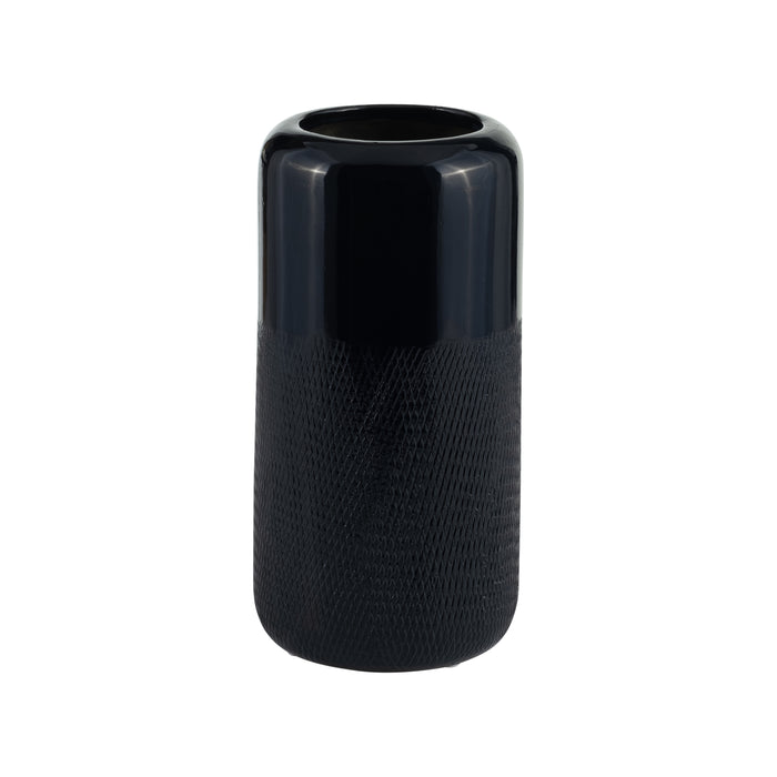 Ceramic 10\" Grooved Vase - Navy Blue