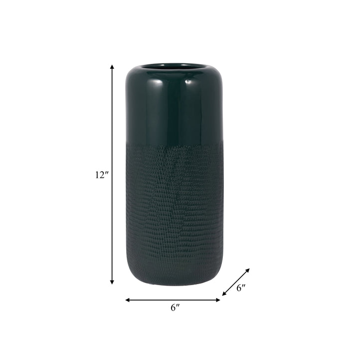 Ceramic 12\" Grooved Vase - Forest Green