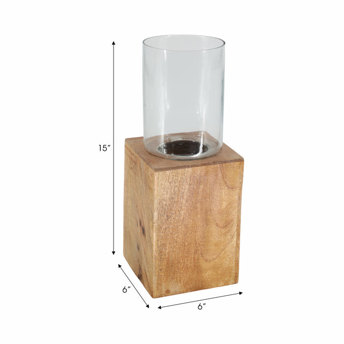Wood 15\" Square Base Pillar Candle Holder - Natural