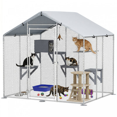 PawHut 79" Extra Large Catio Outdoor Cat Enclosure, Walk In Cat Cage with Waterproof Cover, Resting Box, 4 Platforms, Metal Chicken Run Hen House Rabbit Hutch for Outside