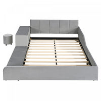 Lily Velvet Upholstered Grounded Bed with Desk and Stool,Queen Size,Grey Queen Bed