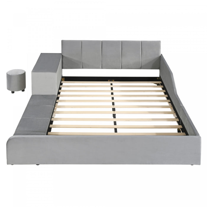 Lily Velvet Upholstered Grounded Bed with Desk and Stool,Queen Size,Grey Queen Bed