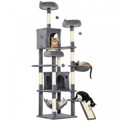 PawHut Cat Tree, 76 Inches Large Multi-Level Cat Tower for Indoor Kittens with 8 Scratching Posts, 3 Plush Beds, 2 Hammocks, 2 Large Condos, Ramp, Pompoms, Dark Grey