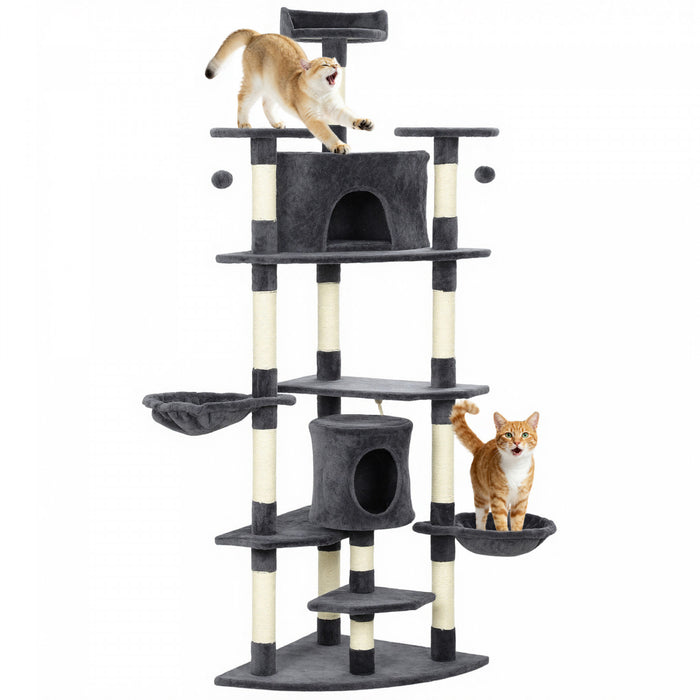 PawHut 79\" Cat Tree Tower, Large Cat Condo Furniture, Multi-Level Cat Tower with Scratching Posts, Cozy Hammock, Dangling Balls - Dark Grey