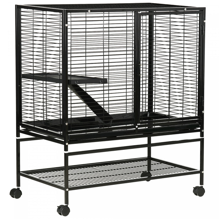 Pawhut Small Animal Cage With Wheels, 2-tier Pet Playpen For Ferrets, Chinchillas, Guinea Pigs, Kittens, With Bottom Storage Shelf, Removable Tray, Ramp, 36\" X 20\" X 42\"