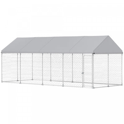 PawHut Extra Large Dog Kennel with Roof and Safety Lockable Latch, Heavy-Duty Galvanized Steel Dog Run Chain Link w/ Waterproof UV-Resistant Cover, 19.7' x 7.5' x 7.9'