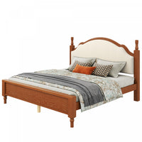 Miles Queen Size Wood Platform Bed with Curved Upholstered Headboard, Brown 