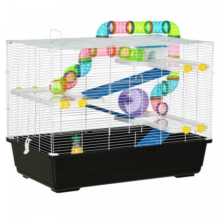 Pawhut 31\" Large Hamster Cage, Small Animal House, Multi-storey Gerbil Haven, Tunnel Tube System, With Water Bottle, Exercise Wheel, Food Dish, Ramps, Black
