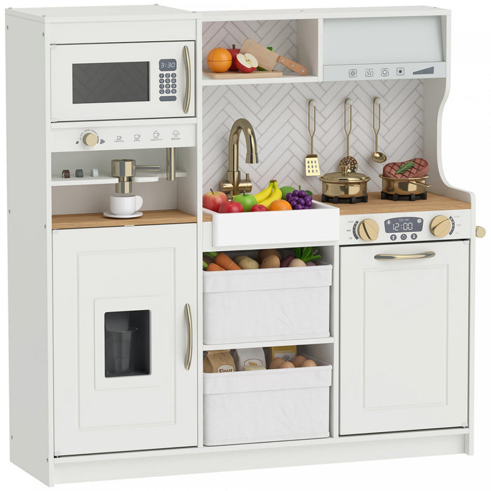 Qaba Play Kitchen, Kids Kitchen Playset with Coffee Machine, Ice Maker, Microwave, Oven, Storage, Pretend Play Set for Toddlers, Gift for Girls & Boys Ages 3+ Years, White