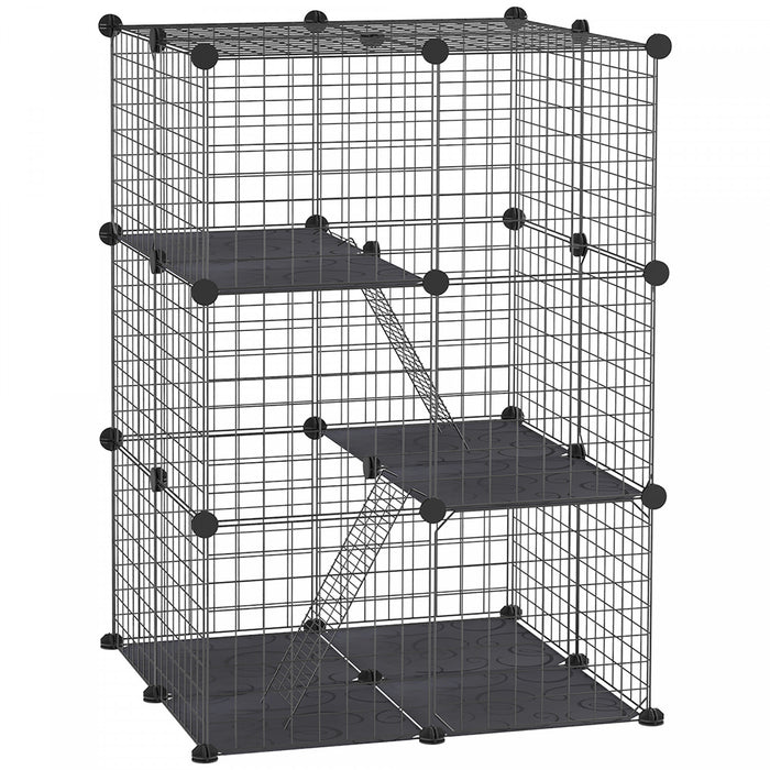 Pawhut 3-tier Diy Pet Playpen Small Animal Cage Bunny Hutch Portable Metal Wire With Ramps For Kitten Bunny Chinchilla Pet Mink Black