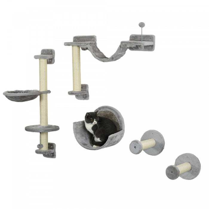 Pawhut Cat Shelves, 5pcs Cat Wall Shelves With Hammock, Scratching Posts, Perches, Ladder, Cat Wall Climber For Indoor Cats, Grey