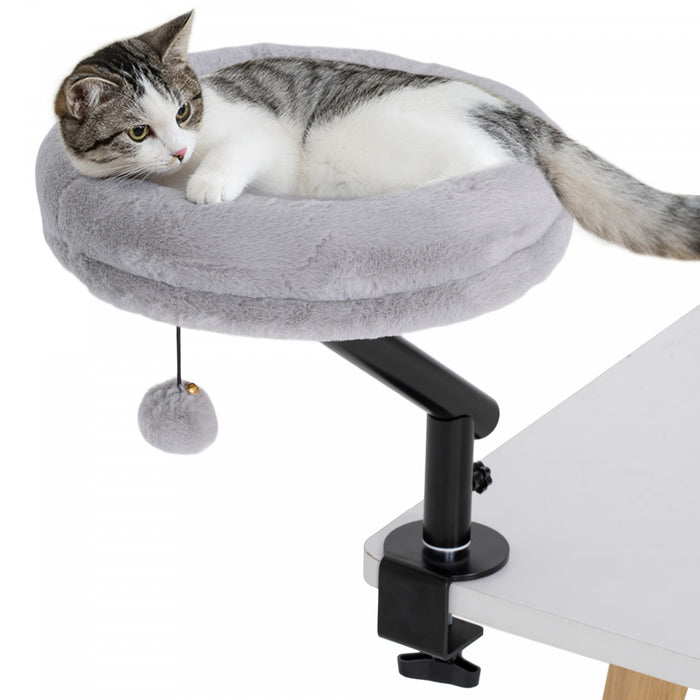 PawHut Cat Desk Bed, 360° Rotatable Adjustable Height Desktop Cat Bed for Home Office Work Window, Plush Washable Kitten Hammock for Indoor Kittens, Grey