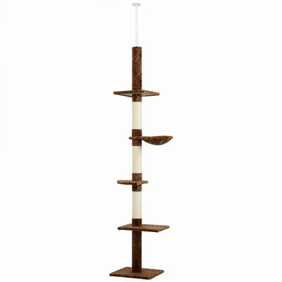 PawHut 91"-102" Cat Tree, 5-Tier Floor-to-Ceiling Cat Tower Kitty Activity Center w/ Scratching Post, Cozy Hammock Play Rest Post Pet Furniture for Jumping Climbing, Leopard Print