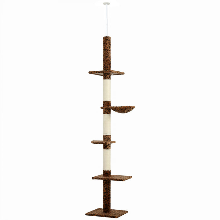 PawHut 91\"-102\" Cat Tree, 5-Tier Floor-to-Ceiling Cat Tower Kitty Activity Center w/ Scratching Post, Cozy Hammock Play Rest Post Pet Furniture for Jumping Climbing, Leopard Print