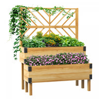 Outsunny 2 Tier Wooden Raised Bed W/ Trellis Elevated Planter Box, Natural