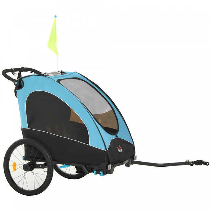 Aosom Child Bike Trailer 3 In1 Foldable Jogger 2-seater Pushcar Transport Buggy Carrier With Shock Absorber System Rubber Tires Adjustable Handlebar Kid Bicycle Trailer Blue