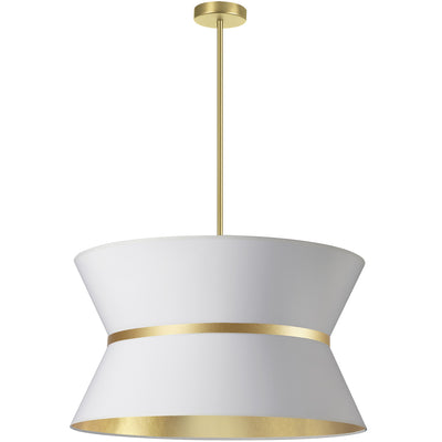 Dainolite Caterine 4 Light Pendant 24" Dia Aged Brass Finish Gold Ring/White Shade Lamp|Luminaire suspendu Caterine de Dainolite de 24 po de diamètre, avec abat-jour blanc, anneau argenté, fini laiton vieilli et 4 ampoules