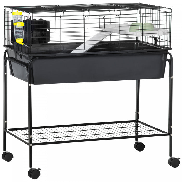 Pawhut Small Animal Cage, 35\" Rolling Guinea Pig Cage With Detachable Stand, Water Bottle, Food Dish, Ramp, Wheels, For Rabbit, Bunny, Ferret, Chinchilla, Dark Grey