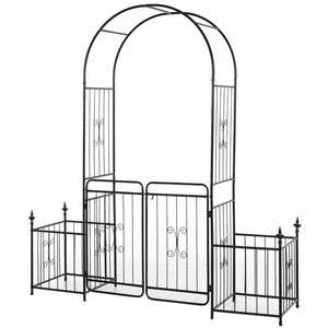 Outsunny 7.2ft Metal Garden Arbor Arch With Double Doors, 2 Side Planter Baskets, Climbing Vine Frame, Black