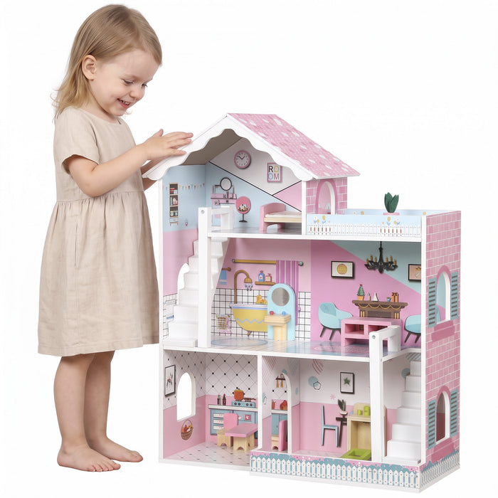Qaba Wooden Doll House for Kids, 3-Story Dollhouse Playset with 6 Rooms and 10-Piece Accessories for Dolls Up to 7.9\" Tall, Gift for 3-6 Years, Pink